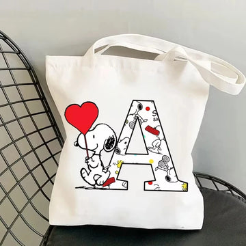 Snoopy Simple High-capacity Canvas Anime Letter A-Z Printing Shopping Handbag Portable Shoulder Bag for Women
