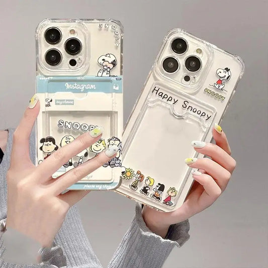 Cute Cartoon S-Snoopy Case For iPhone 11 12 13 14 15 16 Pro Max Plus X XR XS MAX 8 7 6 Plus 16E Card Holder Slot Bag Clear Cover