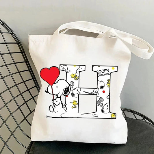 Snoopy Simple High-capacity Canvas  Anime Letter A-Z Printing Shopping Handbag  Portable Shoulder Bag for Women