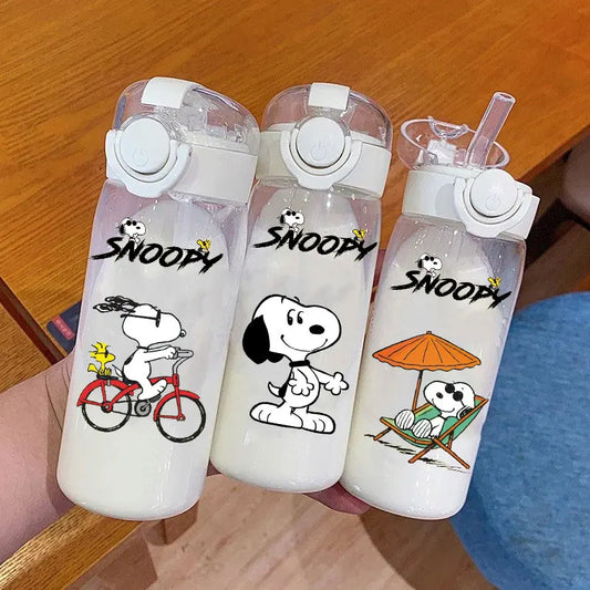 Snoopy Straw Water Cup Portable Plastic 600/400ML  Transparent Outdoor Large Capacity Sport Cute Water Bottle