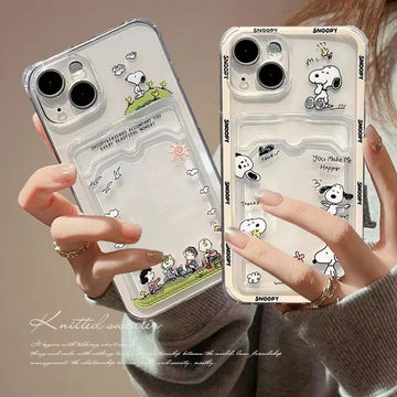 Cute Cartoon S-Snoopy Case For iPhone 11 12 13 14 15 16 Pro Max Plus X XR XS MAX 8 7 6 Plus 16E Card Holder Slot Bag Clear Cover